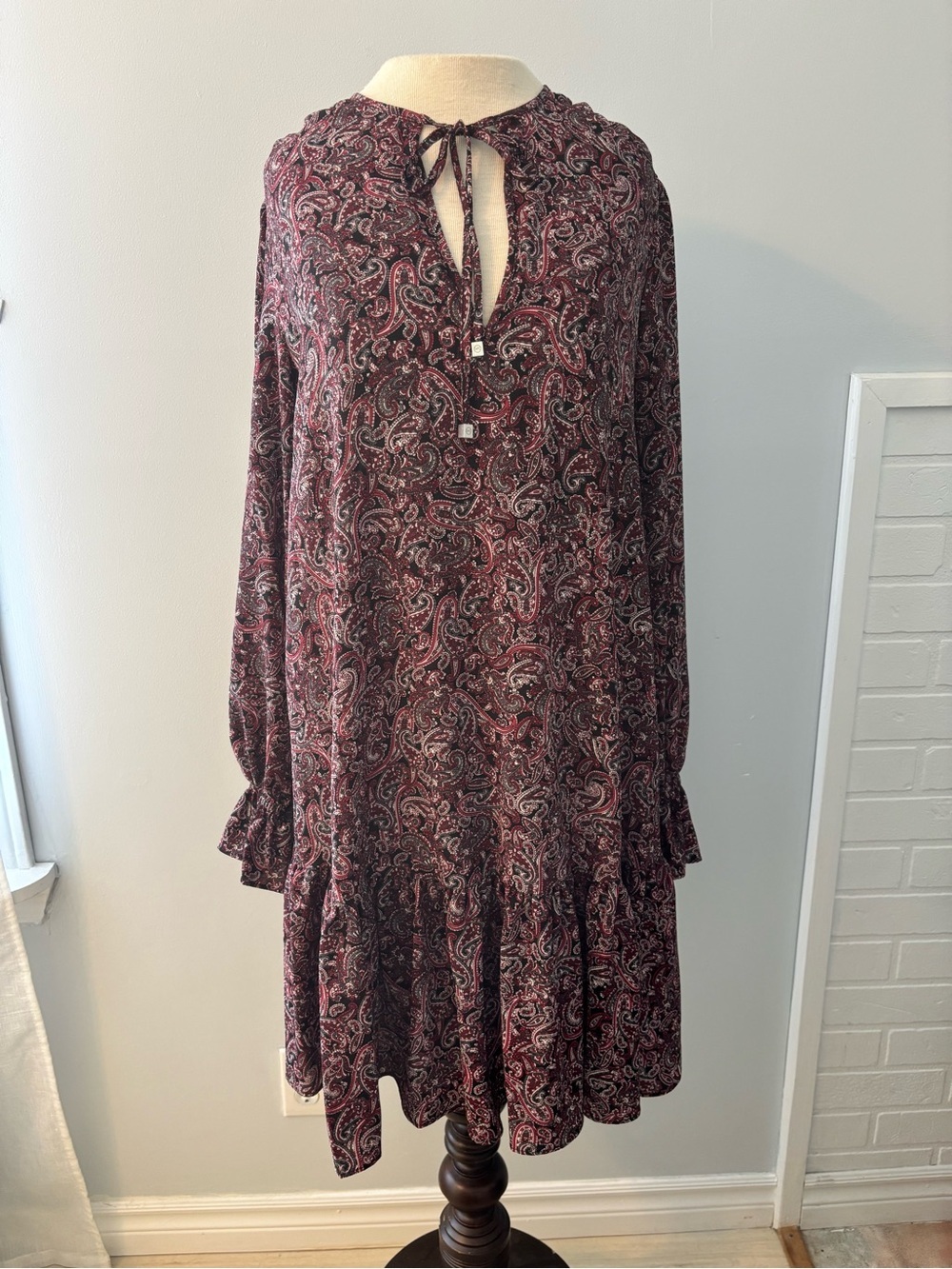 Michael Kors Paisley Tie-Neck Long Sleeve Dress - Burgundy Multi